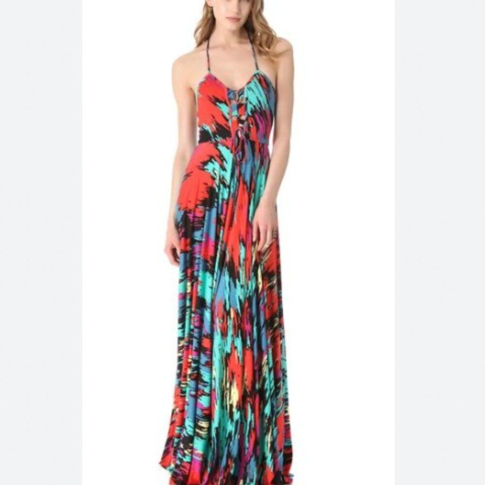 NEW Rachel Pally XS Harrison Lace Up Bust Boho Sexy Halter Maxi Long Gown Dress